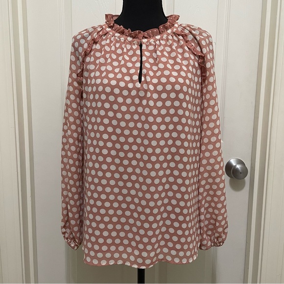 Rose & Olive Tops - Rose + Olive Dusty Pink White Polka Dot Blouse Ruffle Detail Women's X-Small XS